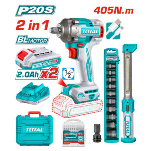 COMBO INALAMBRICO 20V PISTOLA IMPACTO INALAMBRICO 1/2 405 NM + LAMPARA DE TRABAJO 300 LUMENES RECARGABLE + 10 COPAS 1/2 (10-24MM)+ ADAPTADOR DE 1/2 A 1/4