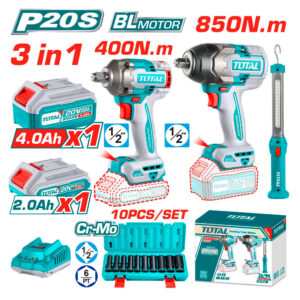 COMBO 20V PISTOLA IMPACTO 1/2" 850NM + 400NM + LÁMPARA 300L + 10 COPAS + 2 BAT. Y CARGADOR