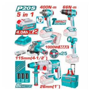 COMBO 20V TALADRO PERCUTOR 1/2 66NM + IMPACTO 1/2 400NM + ROTOMARTILLO 1" SDS PLUS 2.5J + PULIDORA 4 1/2 + LÁMPARA 270LM. INCLUYE 2 BATERÍAS 4.0AH, CARGADOR Y ACCESORIOS