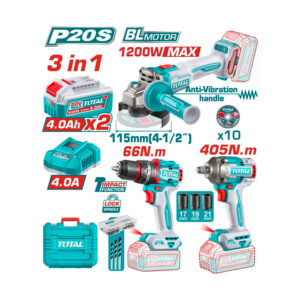 COMBO INALAMBRICO 20V PISTOLA IMPACTO INALAMBRICA 1/2" 405NM + TALADRO DE IMPACTO 1/2" 66NM + PULIDORA 4 1/2" 1200W + 2 BATERIAS 4.0AH + CARGADOR INCLUYE ACCESORIOS INDUSTRIAL SUPER TOTAL (UTCKLI20358)