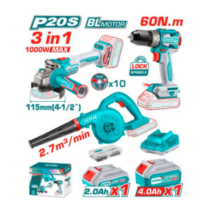 COMBO INALAMBRICO 20V PULIDORA INALAMBRICA 4 1/2 1000W + TALADRO INALAMBRICO 1/2 60N.M + SOPLADORA INCLUYE 10 DISCOS DE CORTE, 1 BATERIA 2.0AH, 1 BATERIA 4.0AH Y CARGADOR INDUSTRIAL SUPER TOTAL