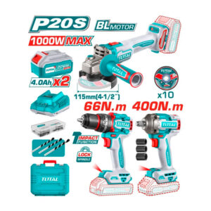 COMBO INALAMBRICO 20V TALADRO 1/2" 66NM + PULIDORA 4 1/2" 1000W + PISTOLA IMPACTO 1/2 400NM INCLUYE 2 BATERIA 20V(4.0AH),CARGADOR , 10 DISCOS DE CORTE Y ACCESORIOS INDUSTRIAL TOTAL (UTOSLI241291)